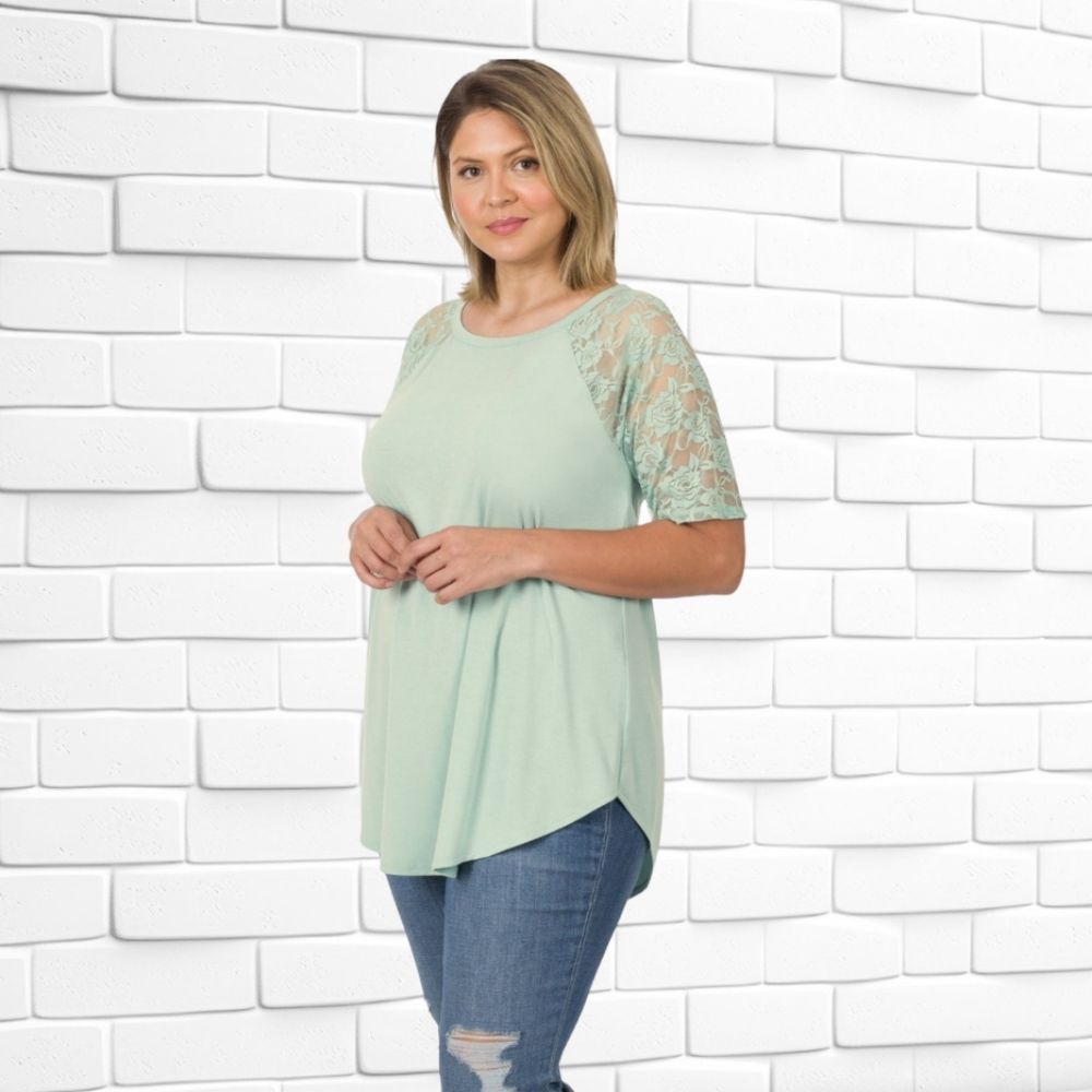 Round Hem Lace Sleeve Top Light Sage Size 3X